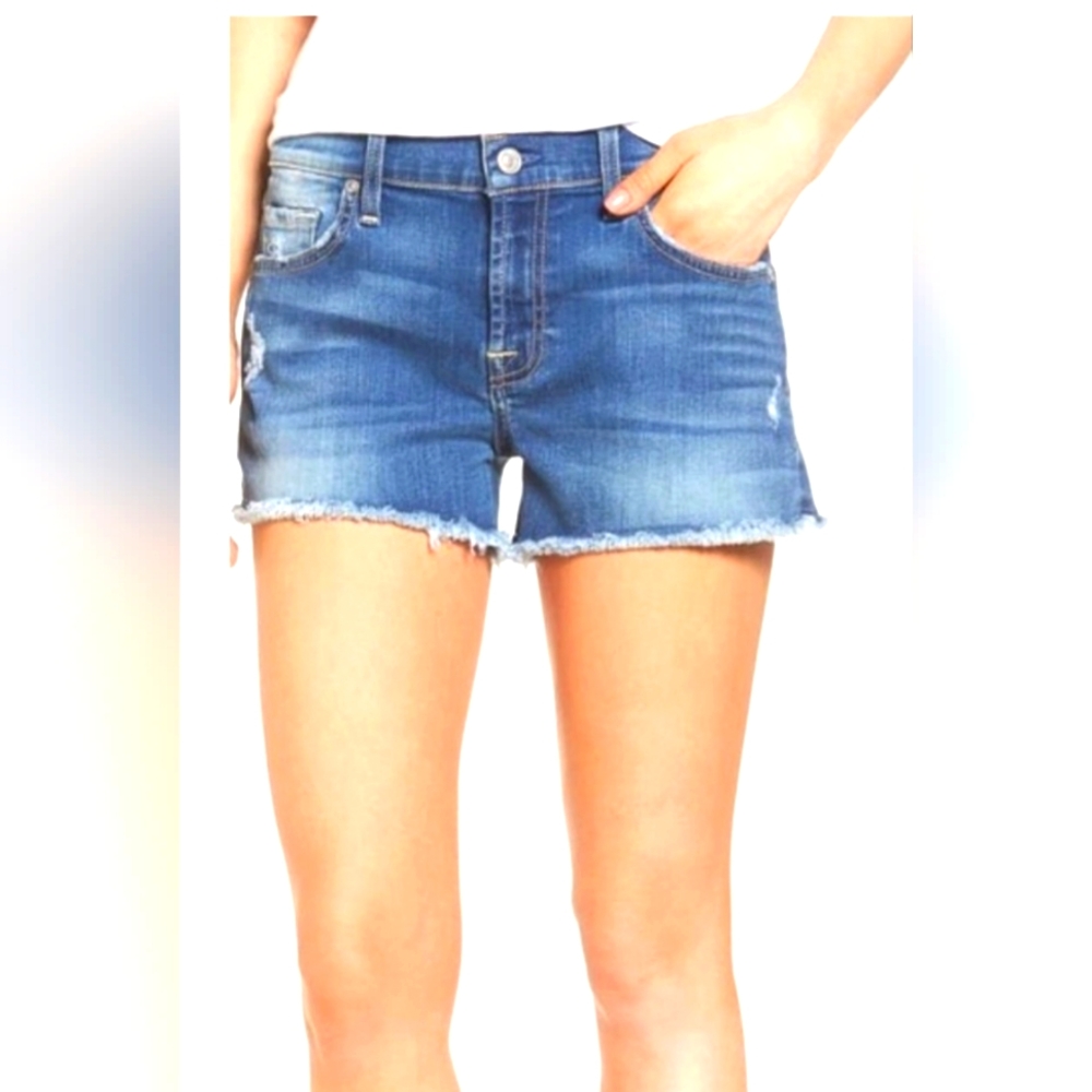 7 For All Mankind Frazzled Denim Shorts Size 16 Stretchy Fabric Distressed
